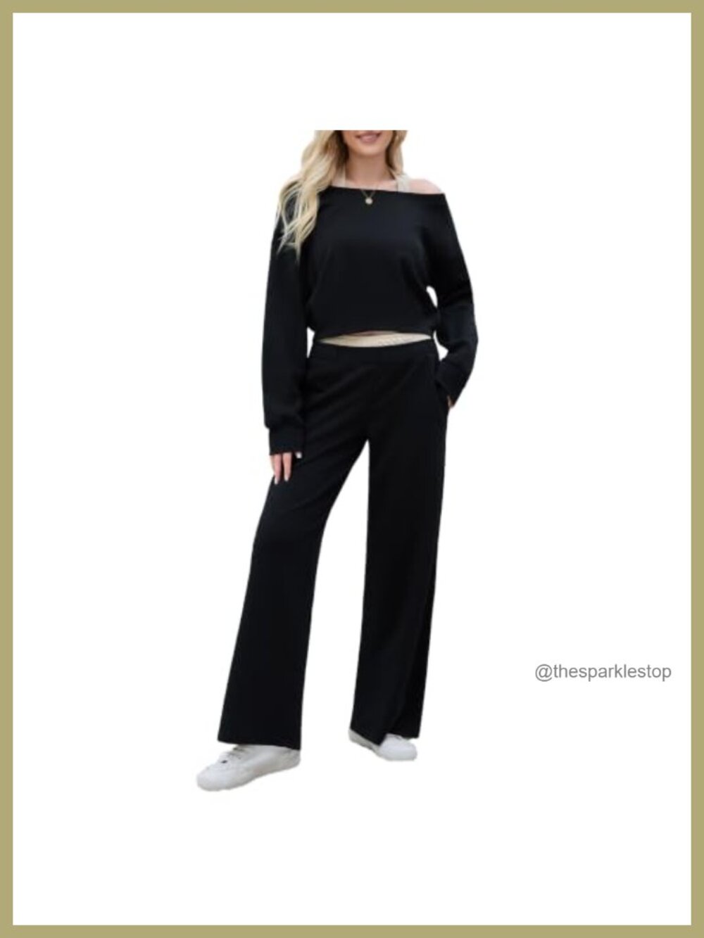 3 Piece Lounge Set Off Shoulder Top Wide Leg Pants Pockets Cotton Blend